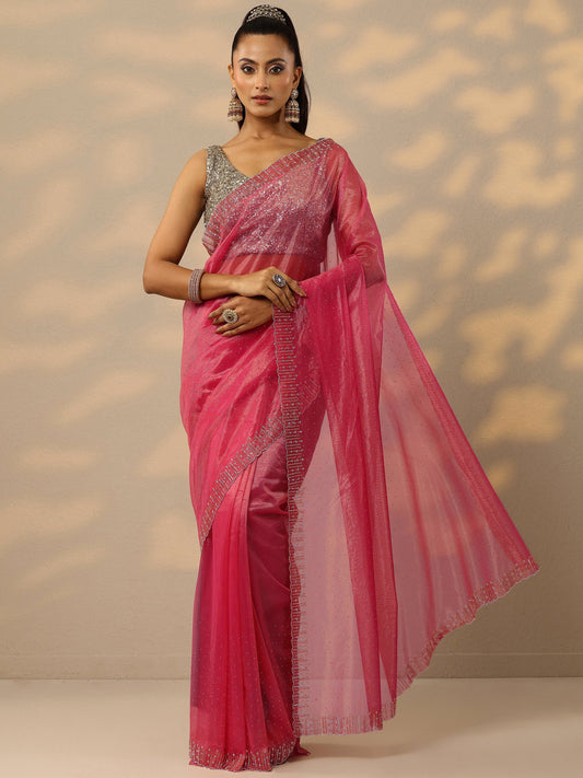 Pink Embellished Nylon Saree With Unstitched Blouse Piece