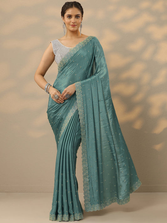 Blue Embellished Silk Blend Saree With Unstitched Blouse Piece