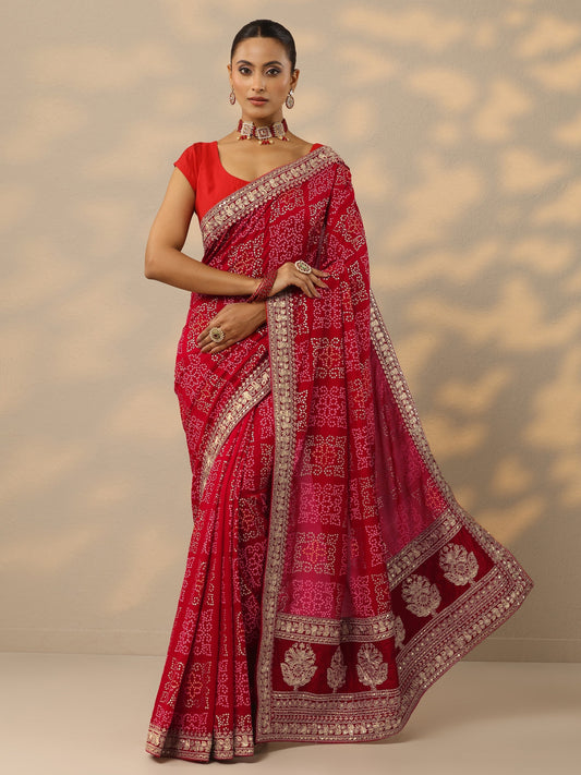 Red Bandhani Printed Silk Blend Saree With Unstitched Blouse Piece