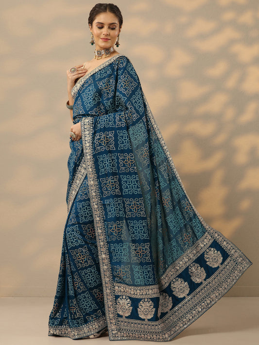 Blue Bandhani Printed Silk Blend Saree With Unstitched Blouse Piece