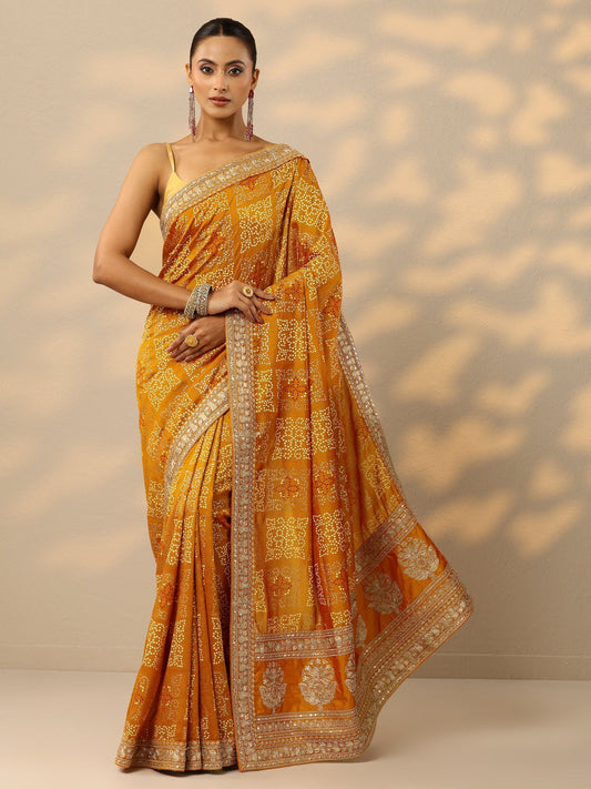 Mustard Bandhani Printed Silk Blend Saree With Unstitched Blouse Piece