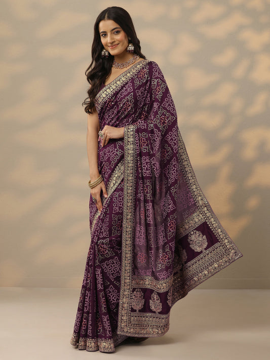 Burgundy Bandhani Printed Silk Blend Saree With Unstitched Blouse Piece