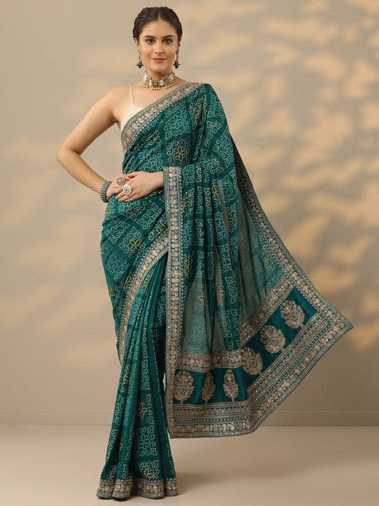 Green Bandhani Printed Silk Blend Saree With Unstitched Blouse Piece