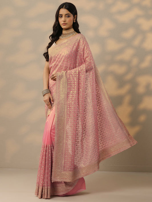 Peach Embroidered Banarasi Nylon Saree With Unstitched Blouse Piece