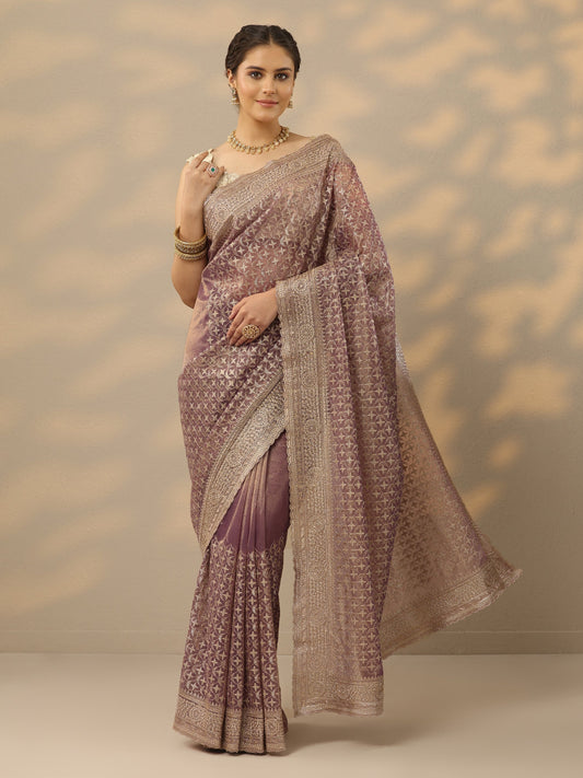 Mauve Embroidered Banarasi Nylon Saree With Unstitched Blouse Piece