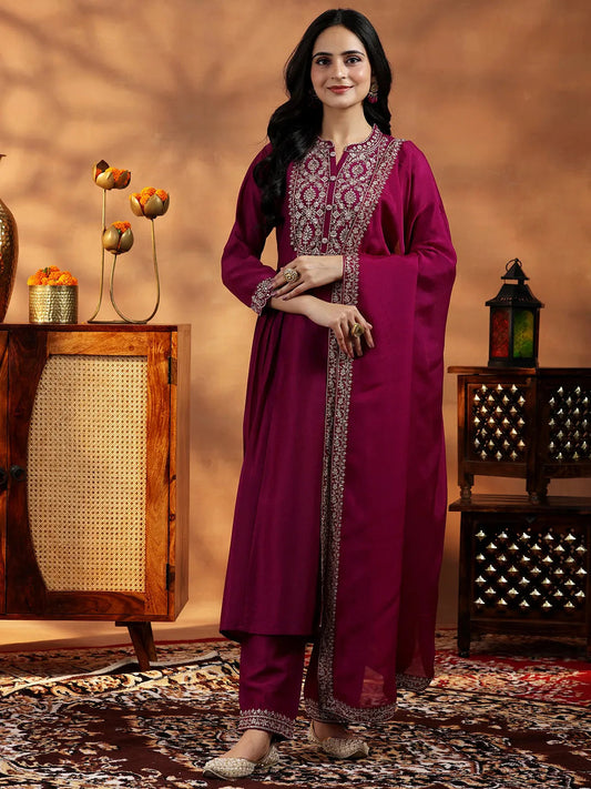 Maroon Yoke Design Silk Blend A-Line Kurta With Palazzos & Dupatta