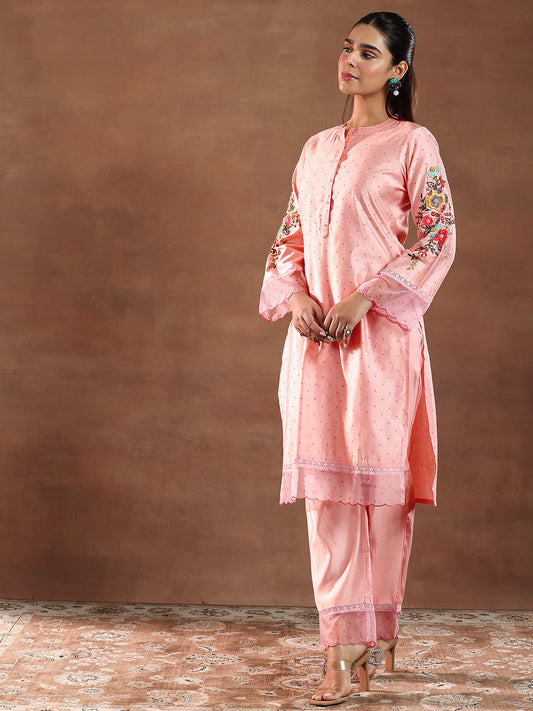 Pink Printed Silk Blend Straight Kurta Set