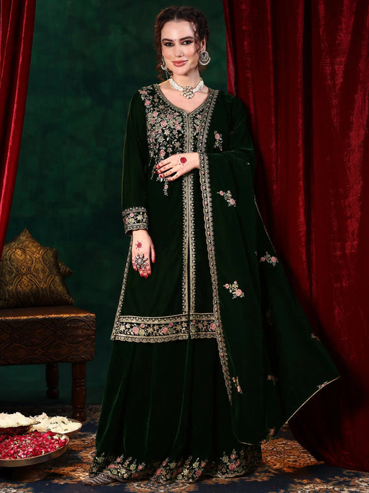 Green Embroidered Velvet Straight Suit With Dupatta
