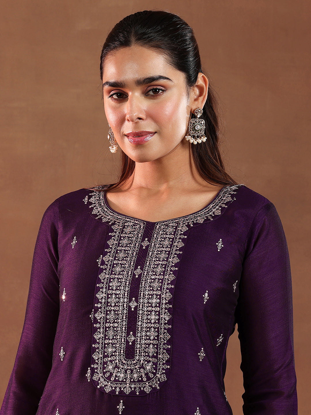 Wine Embroidered Silk Blend Straight Suit With Dupatta