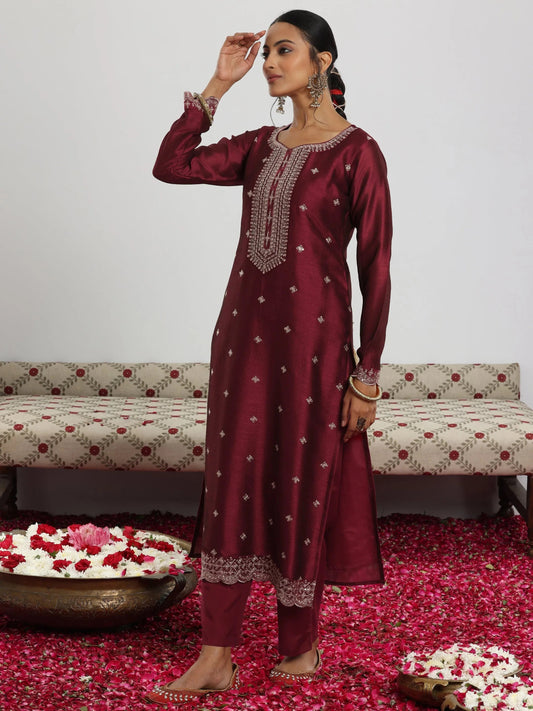 Maroon Embroidered Silk Blend Straight Suit With Dupatta