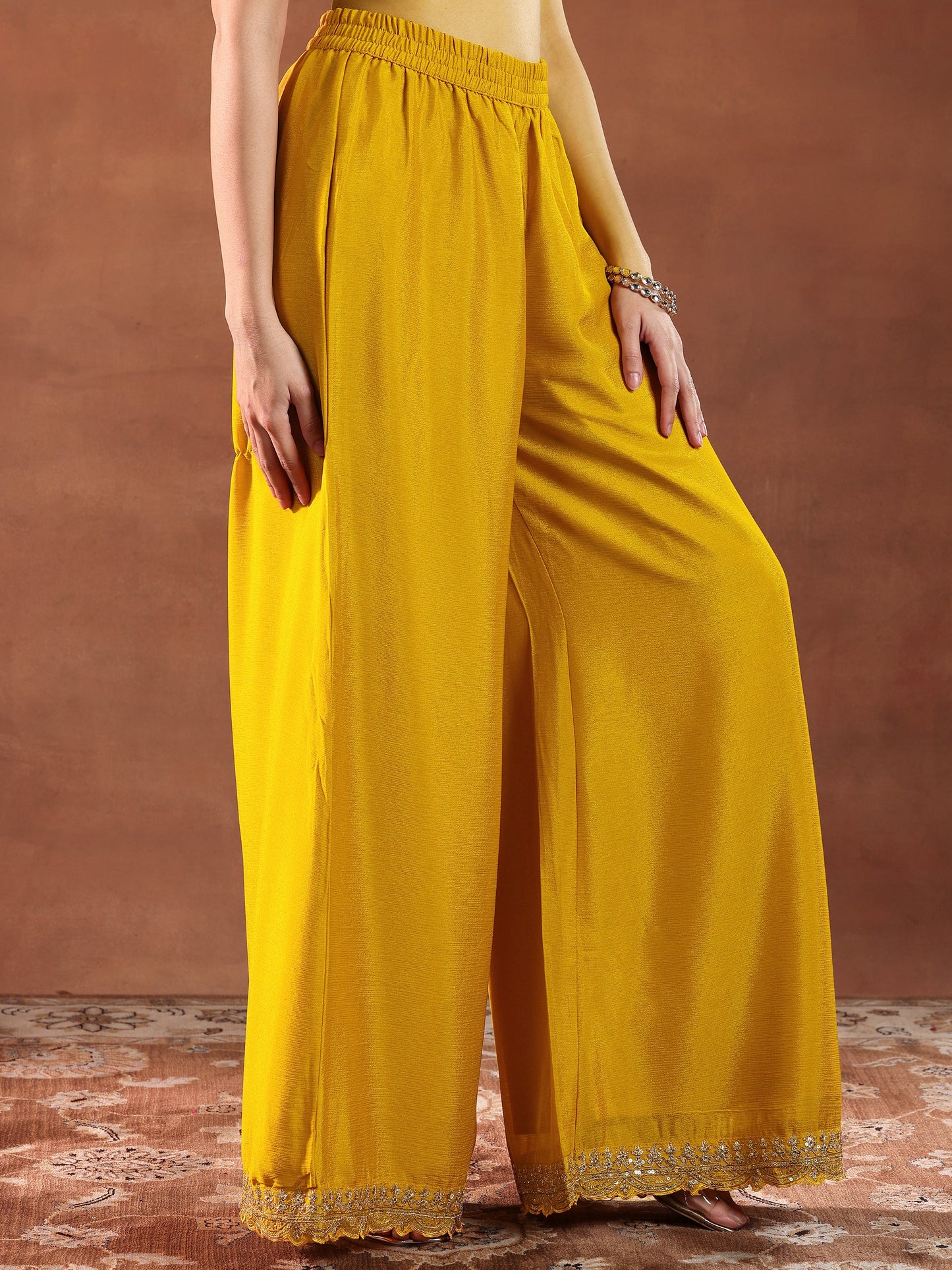 Mustard Embroidered Silk Blend Straight Suit With Dupatta