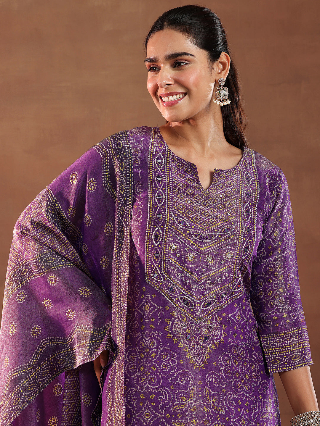 Purple Printed Silk Blend Straight Suit With Dupatta