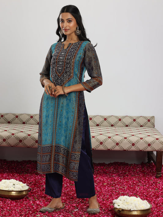 Blue Printed Silk Blend Straight Suit With Dupatta