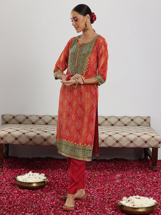 Orange Printed Silk Blend Straight Suit With Dupatta