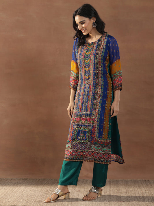 Multicoloured Printed Organza Straight Suit Set With Dupatta
