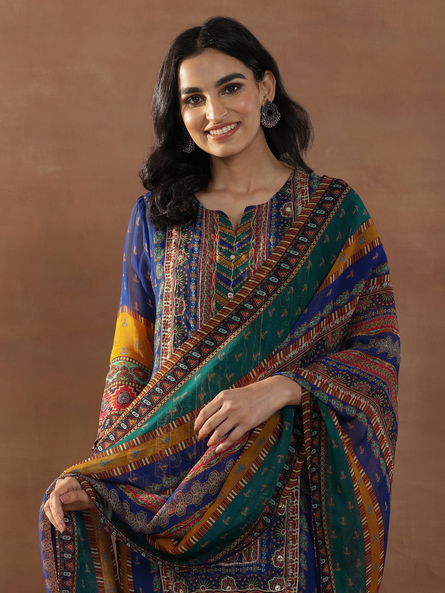 Multicoloured Printed Organza Straight Suit Set With Dupatta