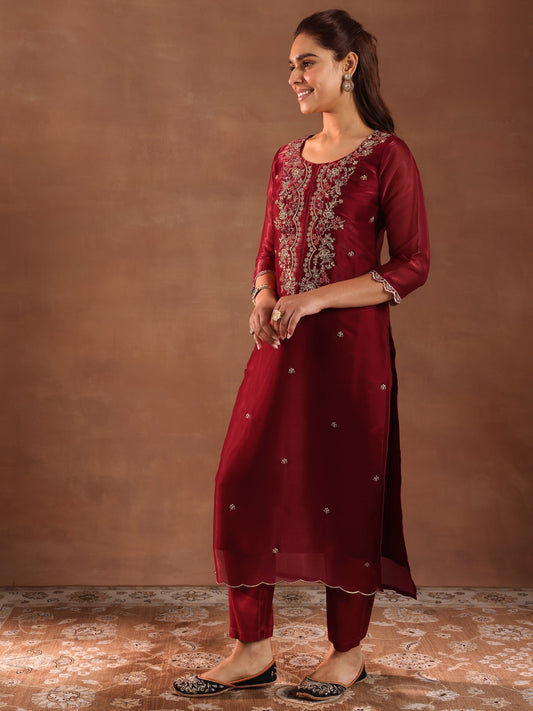Maroon Yoke Design Tissue Straight Suit With Dupatta