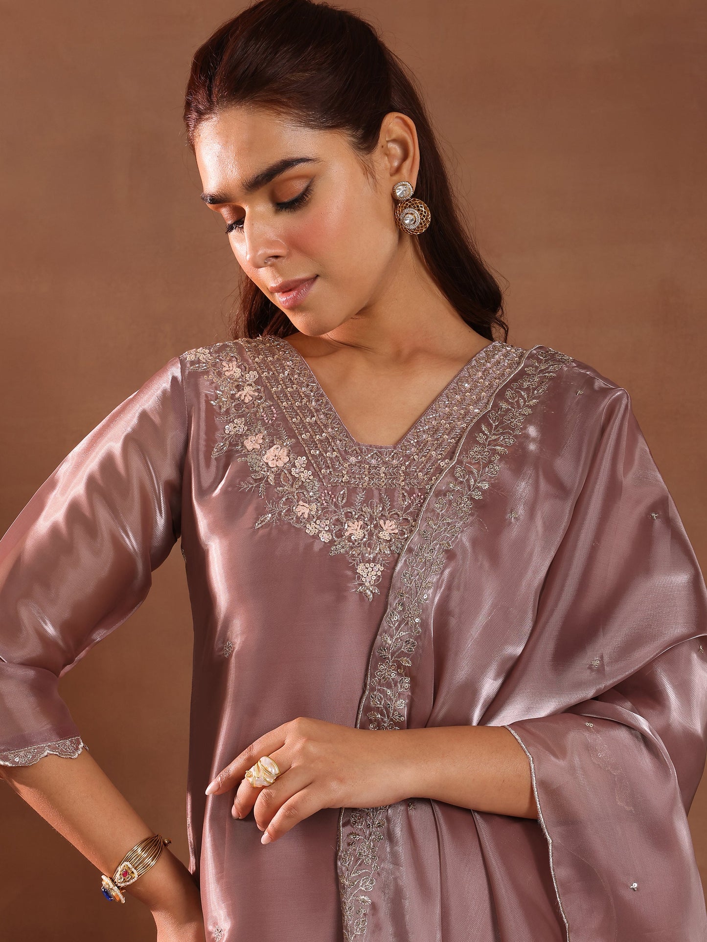 Mauve Yoke Design Tissue Straight Suit With Dupatta