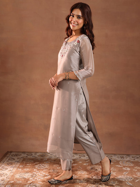 Taupe Yoke Design Tissue Straight Suit With Dupatta
