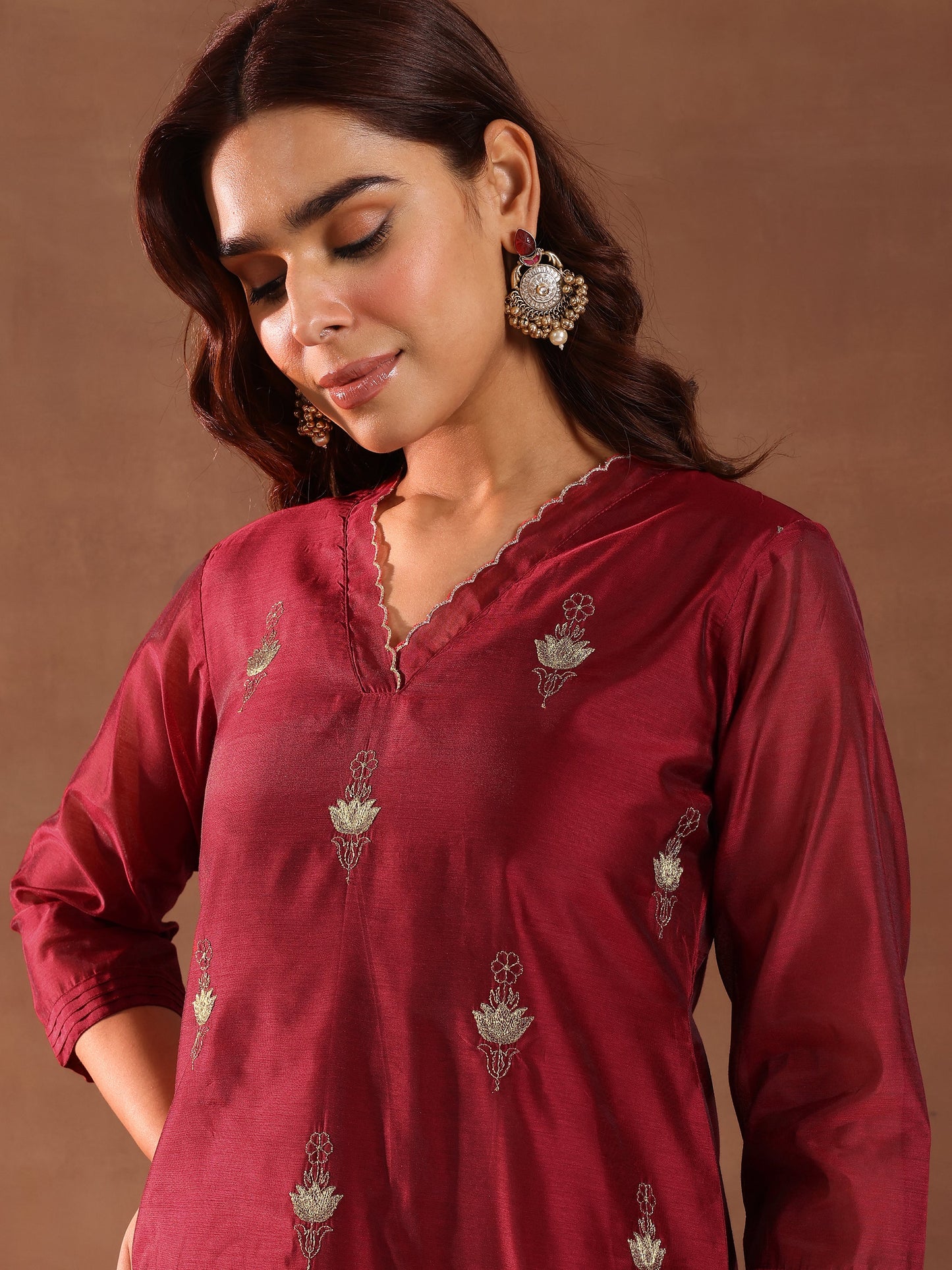 Maroon Embroidered Chanderi Silk Straight Suit With Dupatta