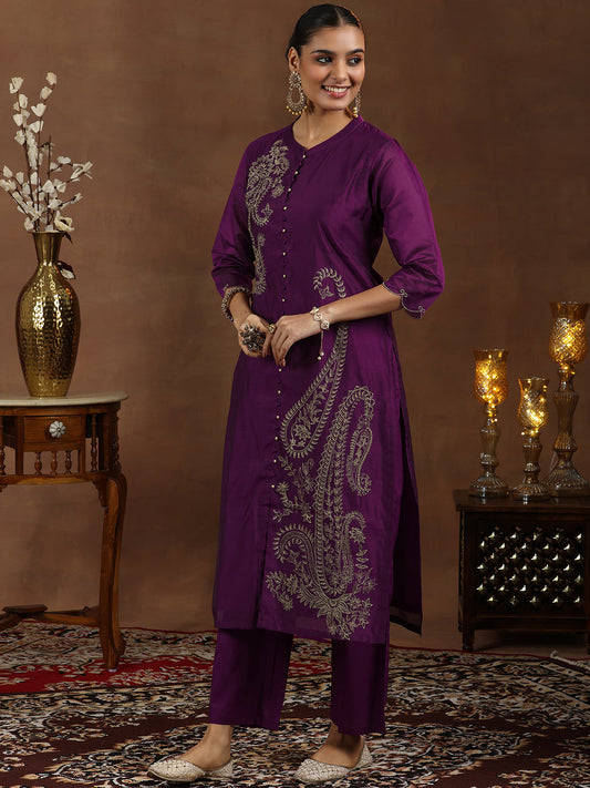 Wine Embroidered Chanderi Silk Straight Suit With Dupatta