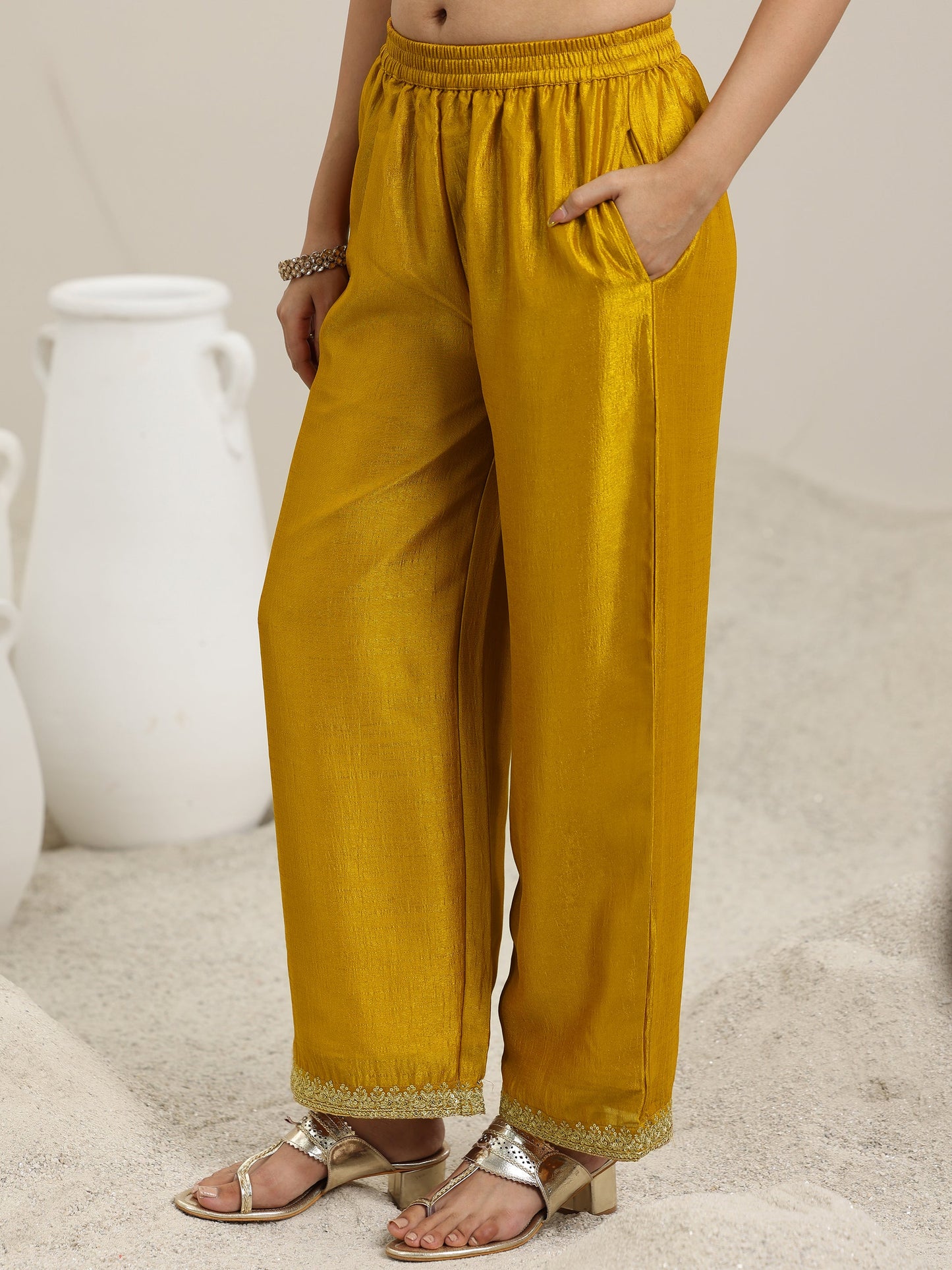 Mustard Embellished Silk Blend Straight Kurta With Palazzos & Dupatta