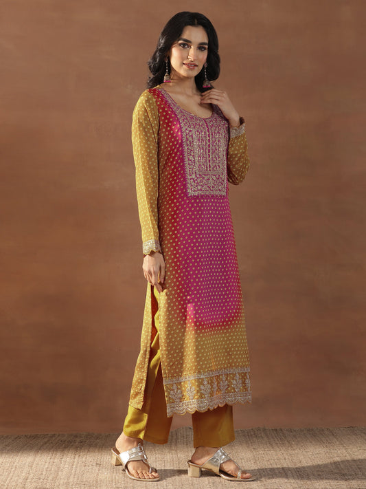 Mustard Printed Silk Blend Straight Suit Set With Dupatta
