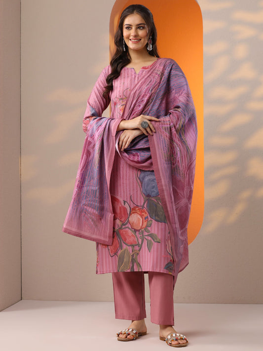 Pink Printed Silk Blend Straight Suit Set With Dupatta