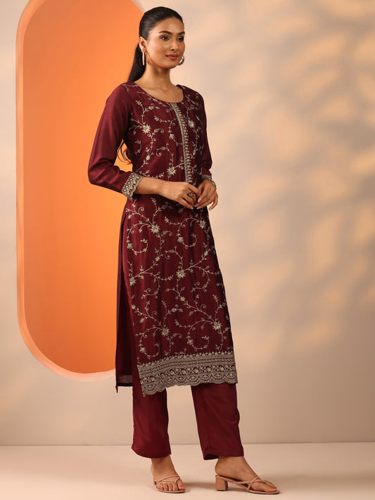 Maroon Embroidered Silk Blend Straight Suit Set With Dupatta
