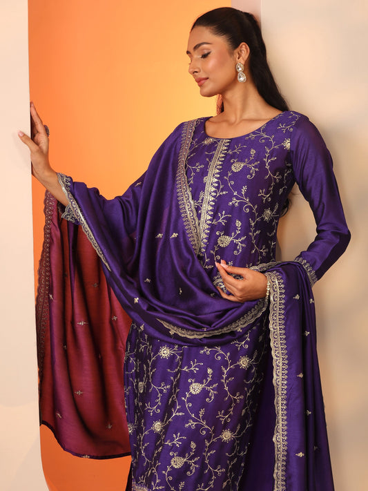 Purple Embroidered Silk Blend Straight Suit Set With Dupatta