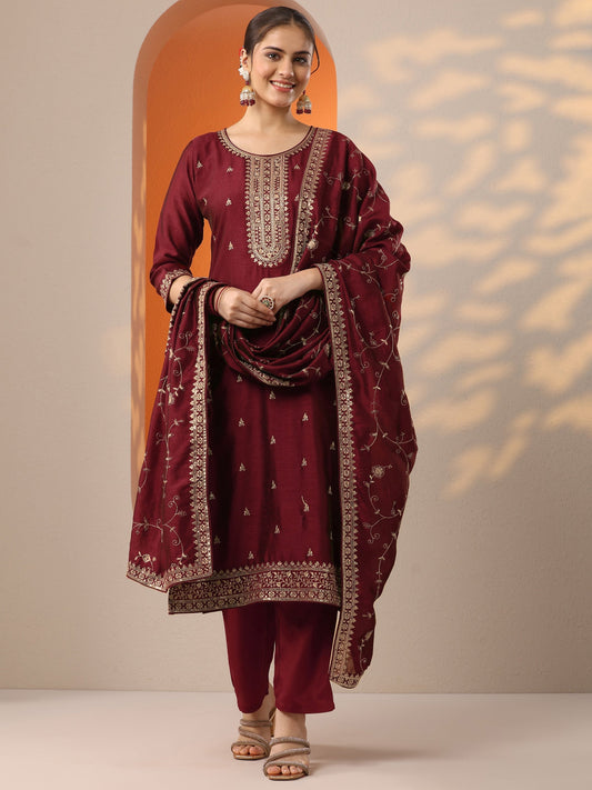 Maroon Embroidered Silk Blend Straight Suit Set With Dupatta
