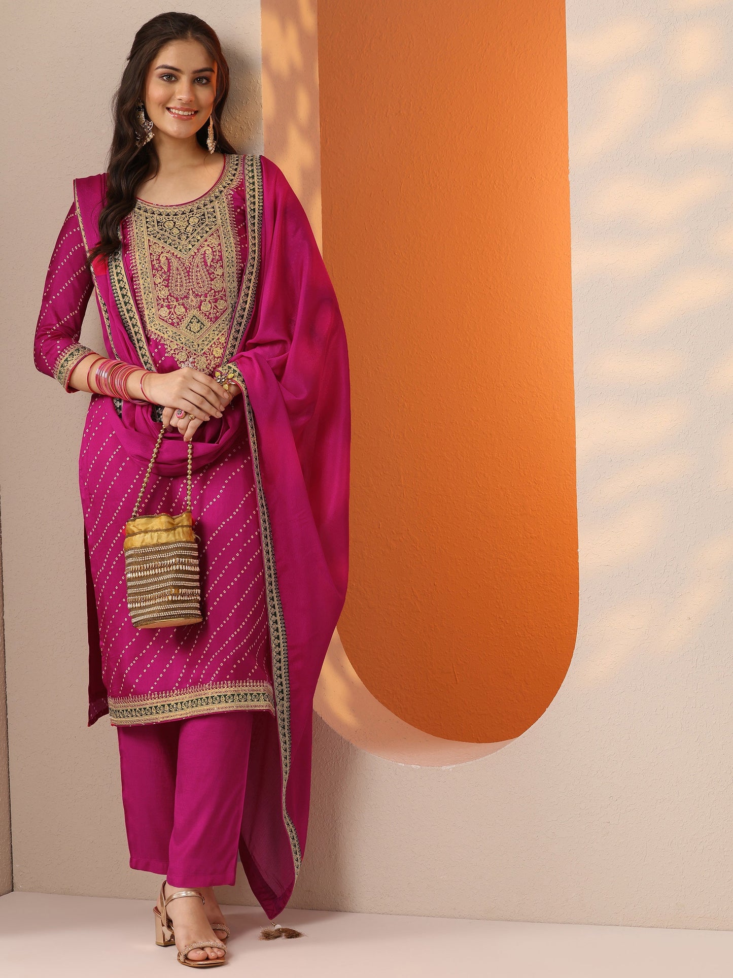Pink Printed Silk Blend Straight Suit Set With Dupatta