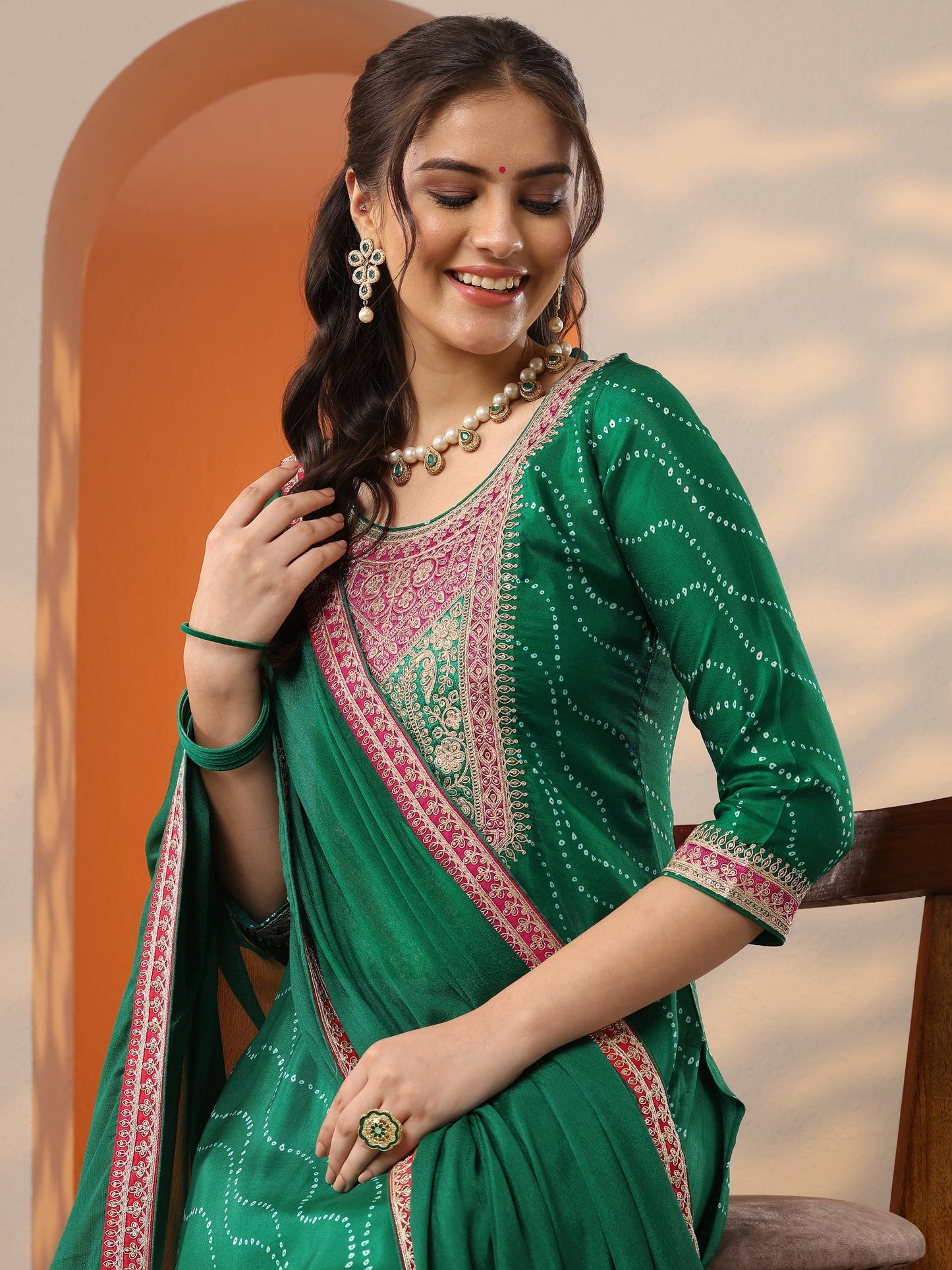 Green Printed Silk Blend Straight Suit Set With Dupatta