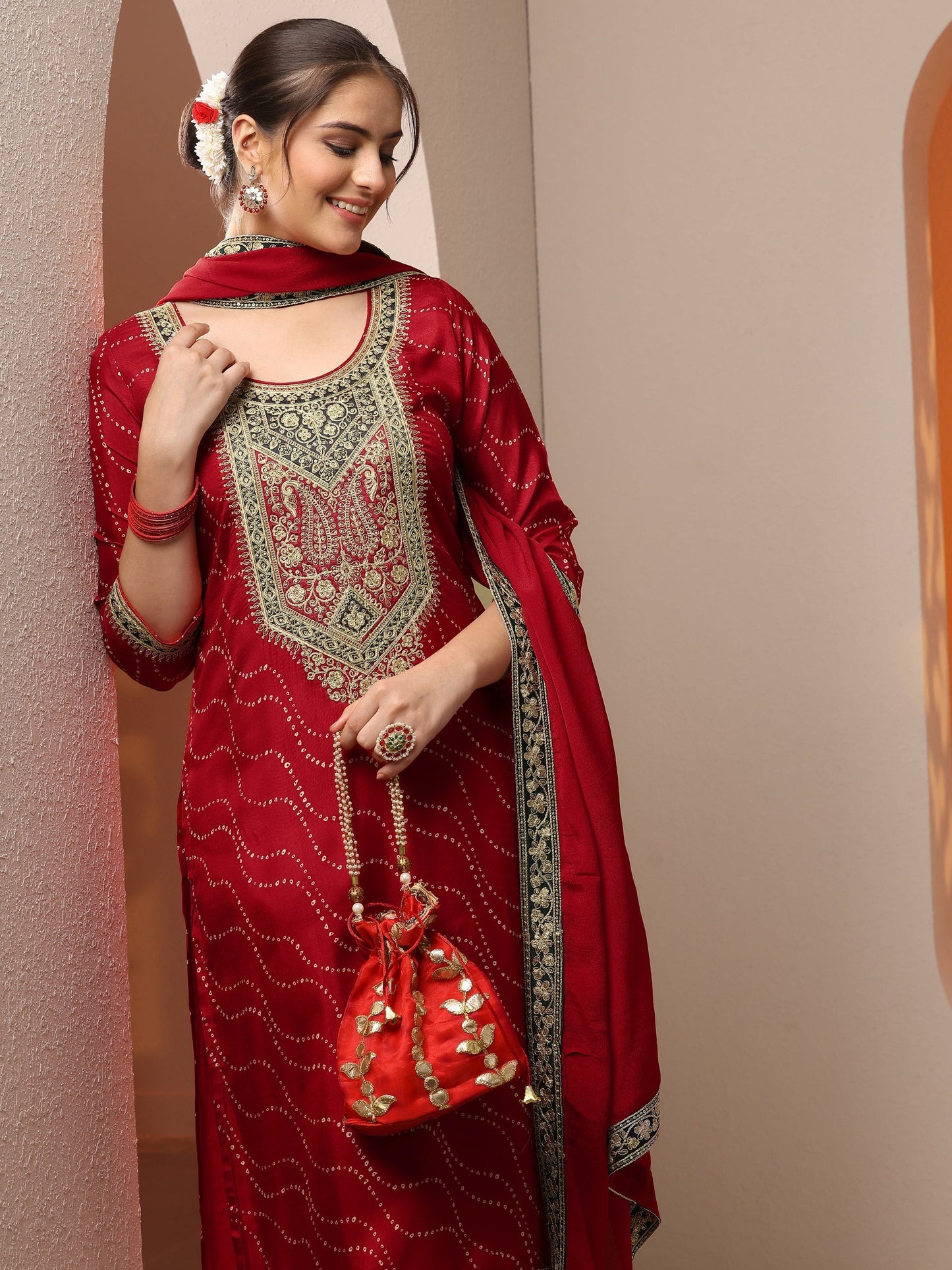 Red Printed Silk Blend Straight Suit Set With Dupatta