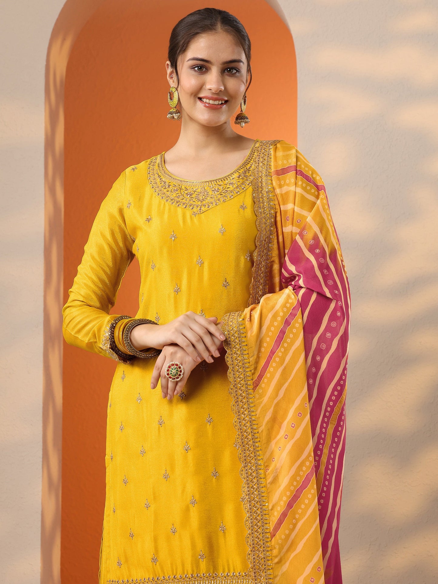 Yellow Embroidered Chinon Straight Suit Set With Dupatta