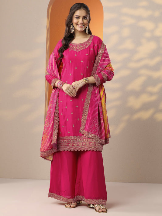 Pink Embroidered Chinon Straight Suit Set With Dupatta