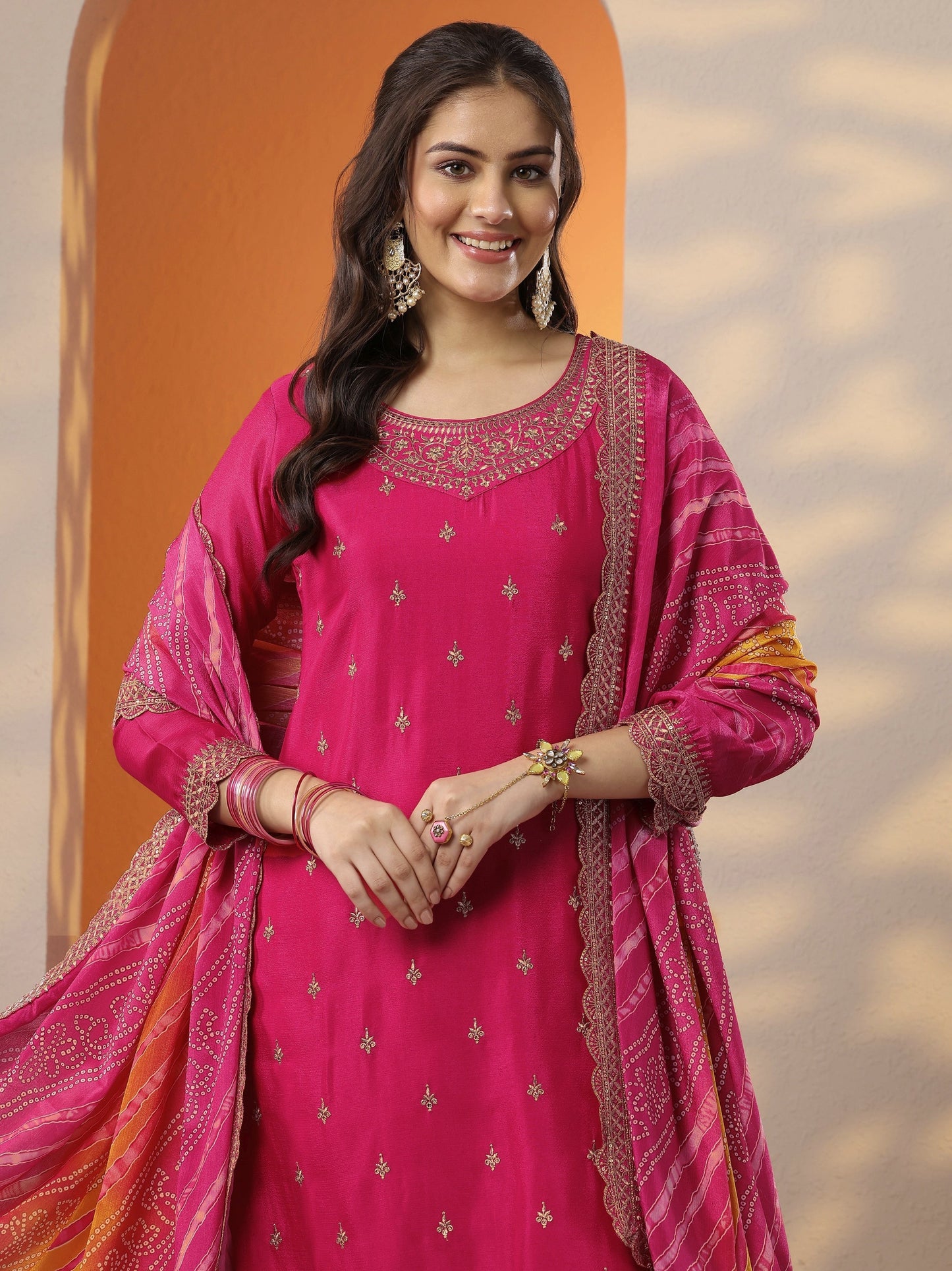 Pink Embroidered Chinon Straight Suit Set With Dupatta