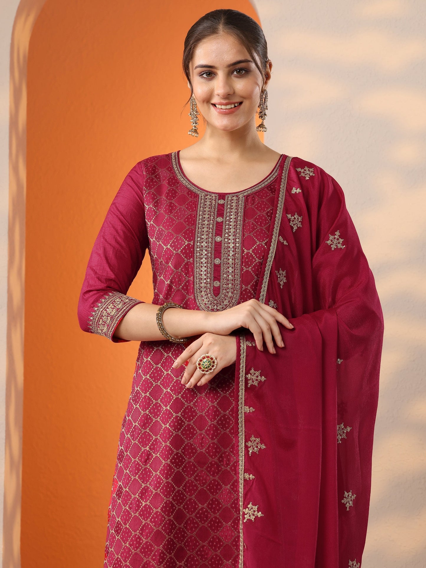 Pink Woven Design Silk Blend Straight Suit Set With Dupatta
