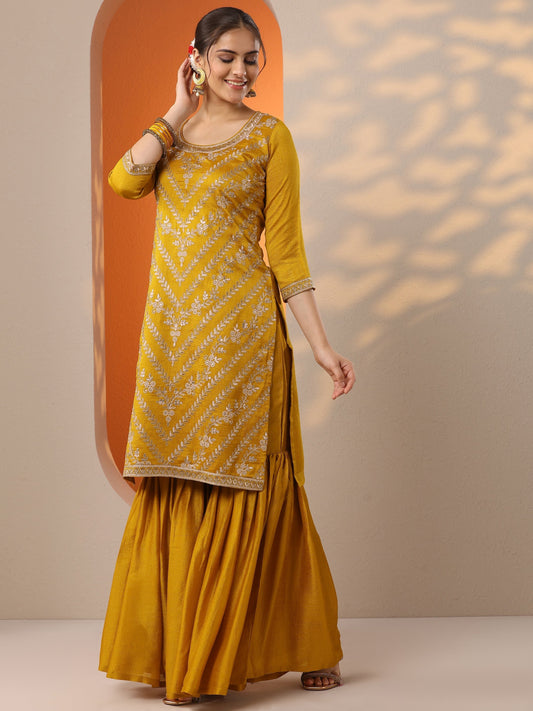 Mustard Embroidered Silk Blend Straight Suit Set With Dupatta