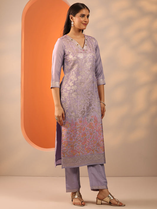 Lavender Woven Design Silk Blend Straight Suit Set With Dupatta