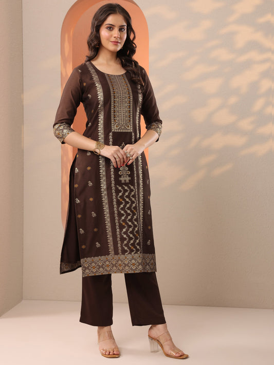 Brown Woven Design Silk Blend Straight Suit Set With Dupatta