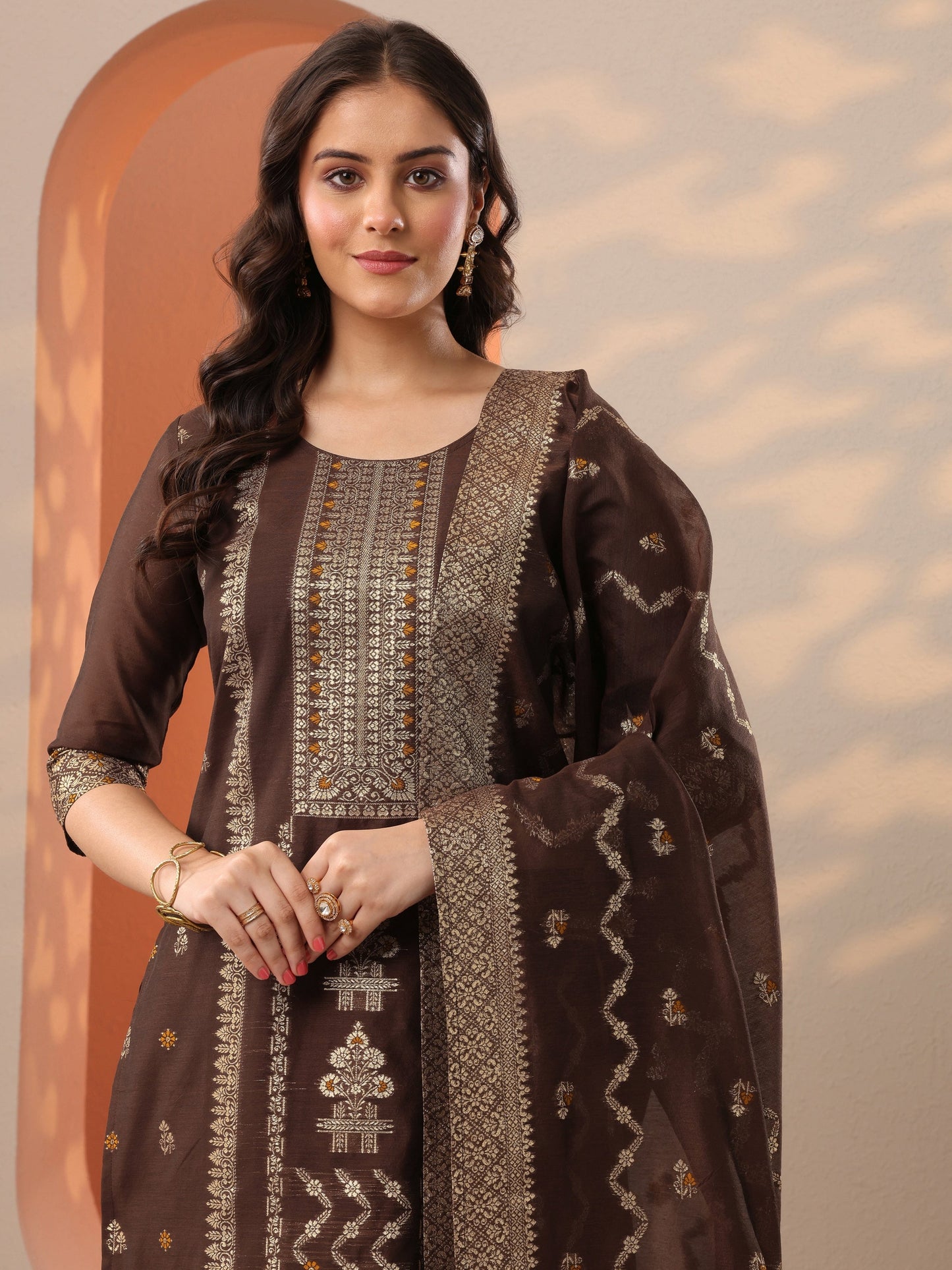 Brown Woven Design Silk Blend Straight Suit Set With Dupatta