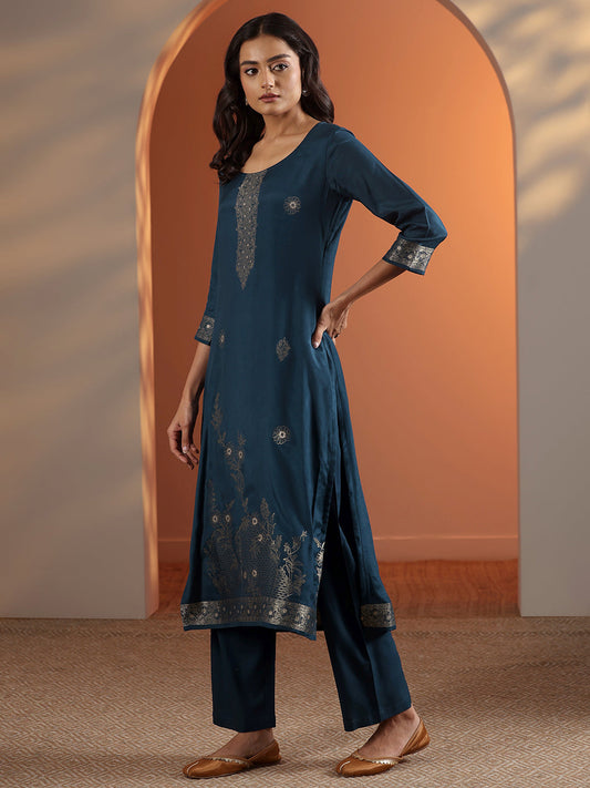 Navy Blue Woven Design Silk Blend Straight Suit Set With Dupatta