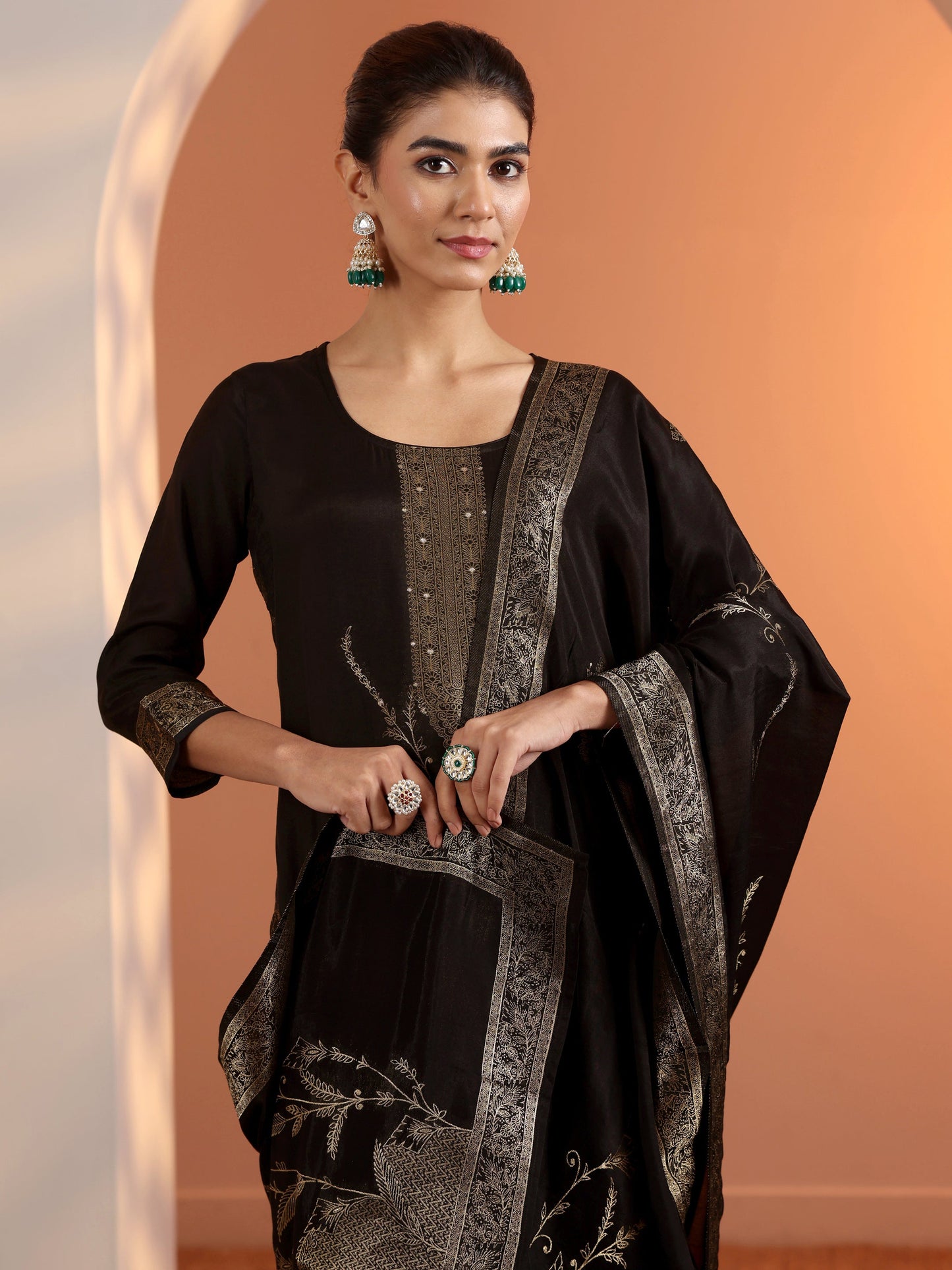 Black Woven Design Silk Blend Straight Suit Set With Dupatta