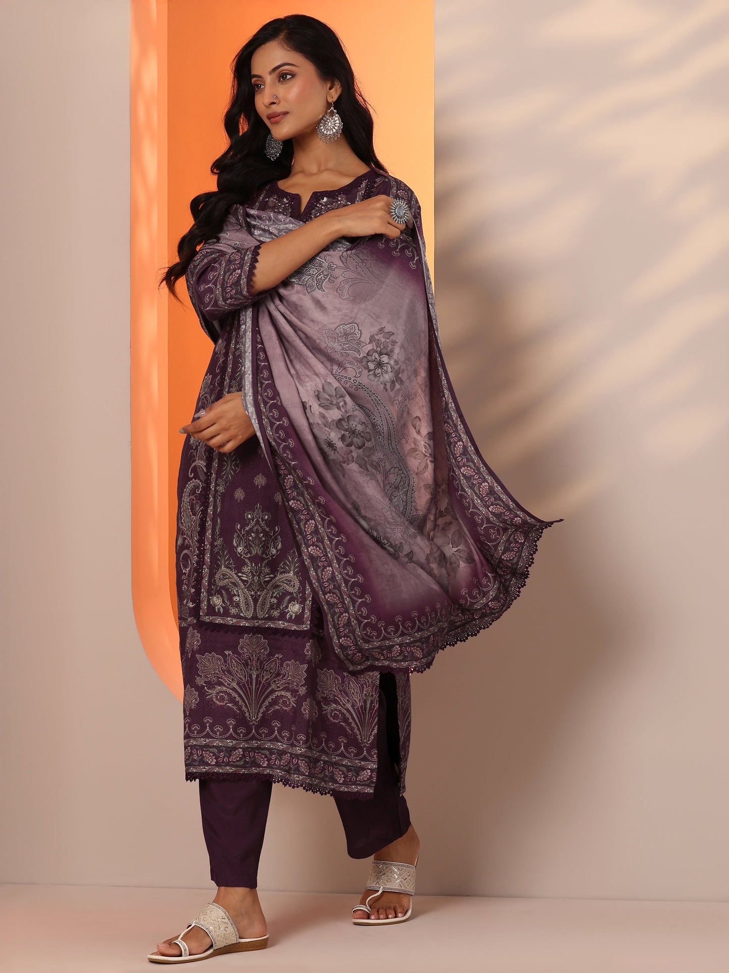Burgundy Printed Muslin Straight Suit Set With Dupatta