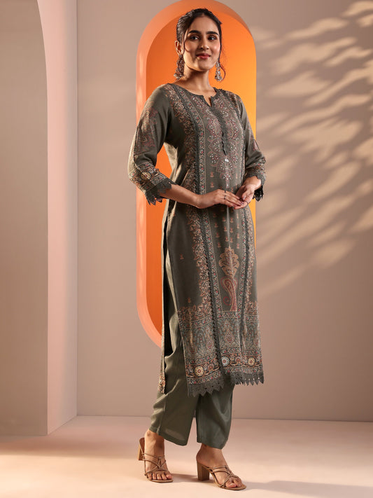 Grey Printed Muslin Straight Suit Set With Dupatta