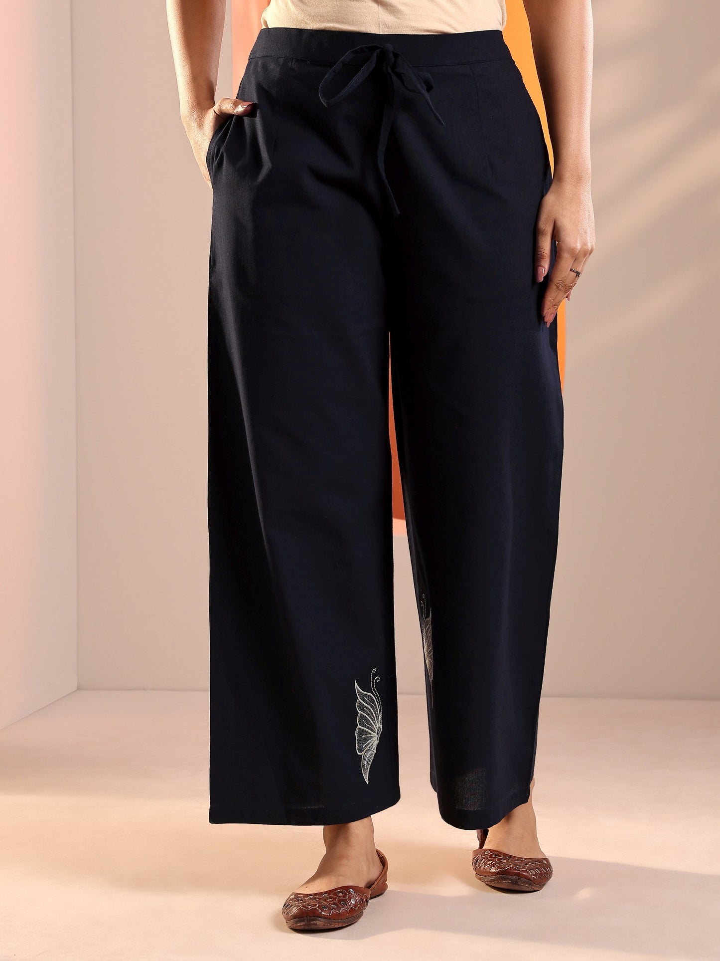 Navy Blue Embroidered Cotton Blend Co-Ord Sets