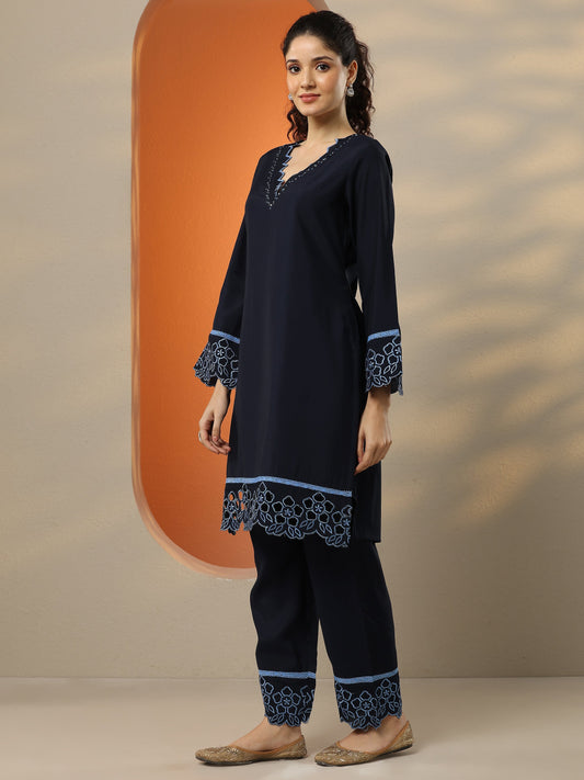 Navy Blue Solid Silk Blend Co-Ord Sets