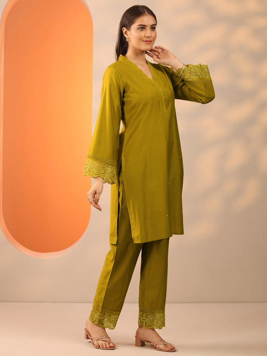 Lime Green Solid Silk Blend Co-Ord Sets