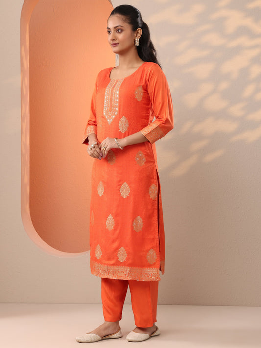 Orange Woven Design Silk Blend Straight Suit Set With Dupatta